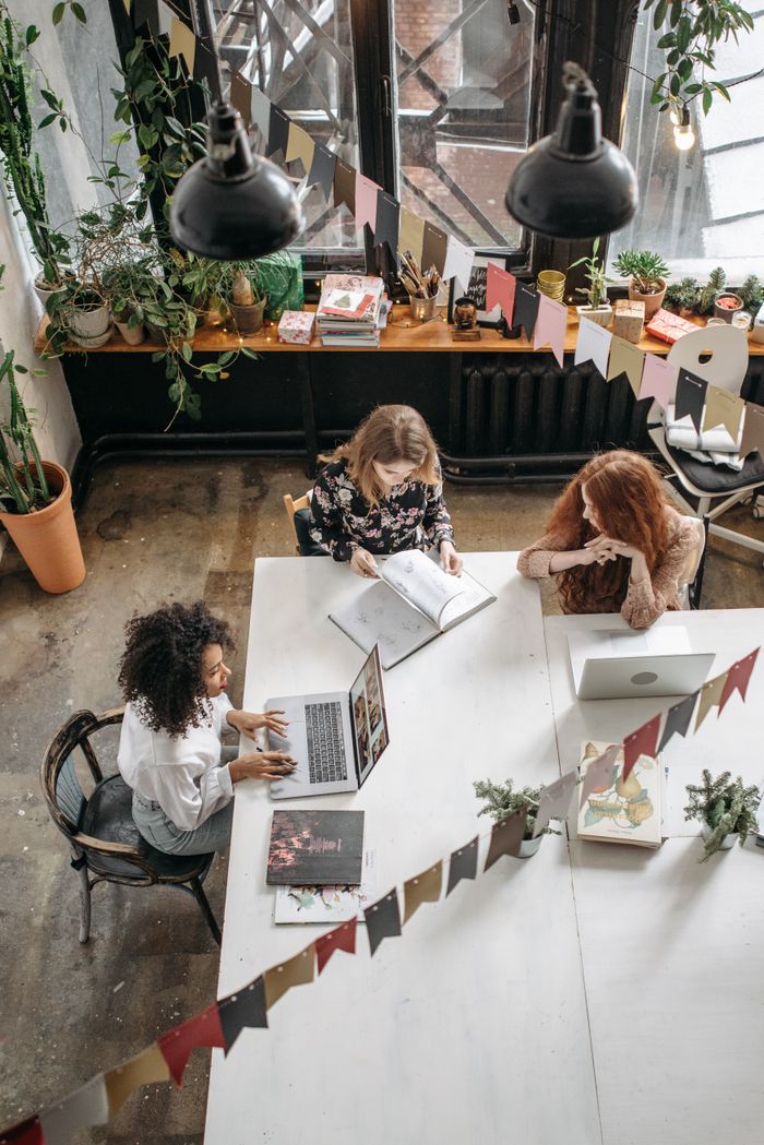 Three women collaborate creatively in a cozy indoor workspace filled with plants.